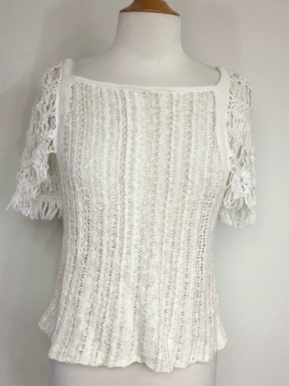Free People Women Ivory Blackbird Crochet Fringe Knit Top Size Small Boho Hippie